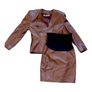 Brown Leather Skirt Set with Black Waist Panel